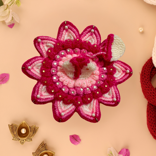 Pink Flower Wool Laddu Gopal Poshak with Cap - Devaya