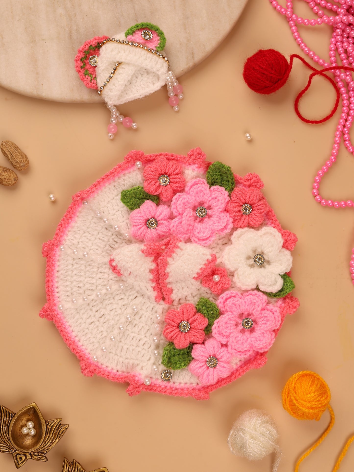 Phulwari Pink Wool Laddu Gopal Poshak 2 Pc Set