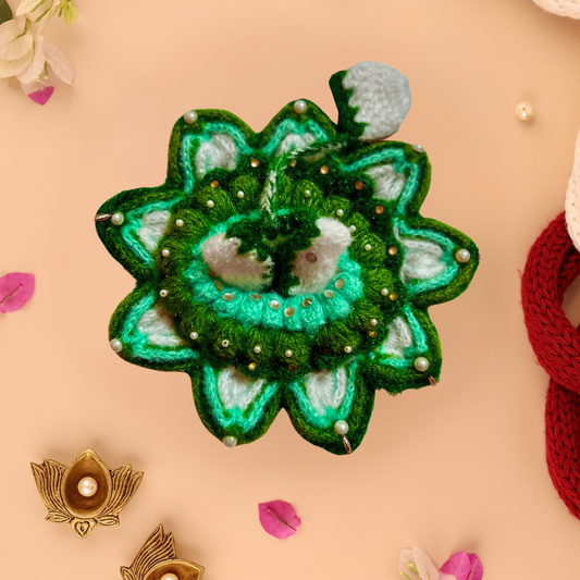 Green Flower Wool Laddu Gopal Poshak with Cap - Devaya