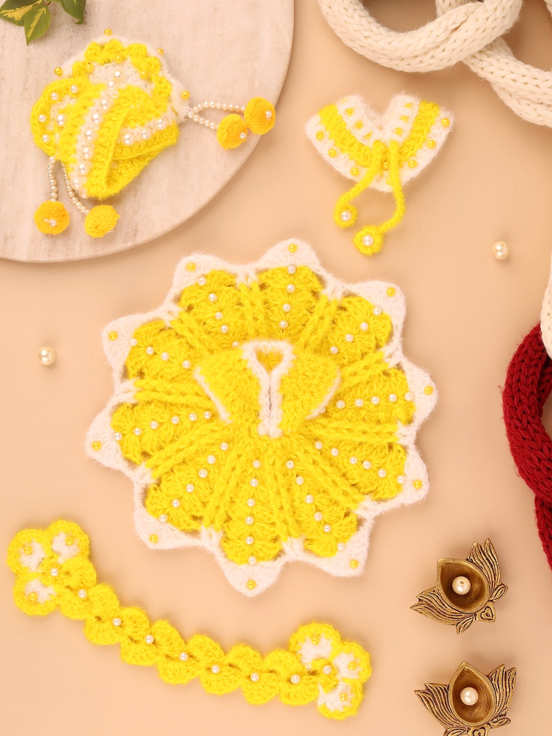 Basanti Yellow Wool Laddu Gopal Poshak 4 Pc Set - Devaya