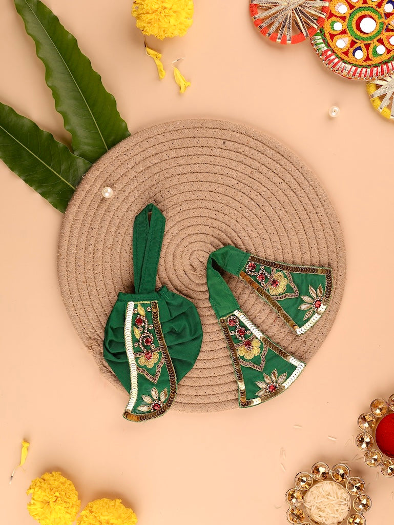 Divya Green Embroidered Dhoti Patka Set for Gaur Nitai Ji with Floral Shringar