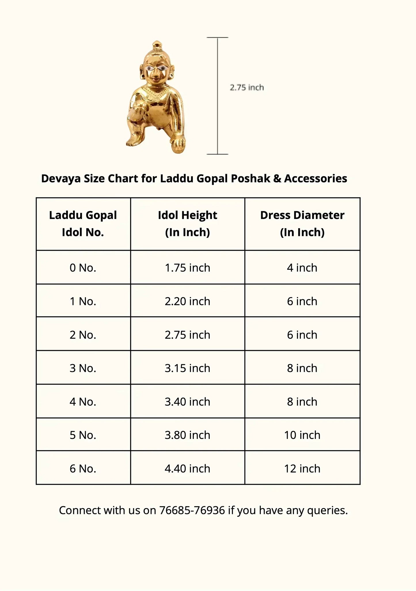 Size chart for Laddu Gopal idols with dimensions on a white background