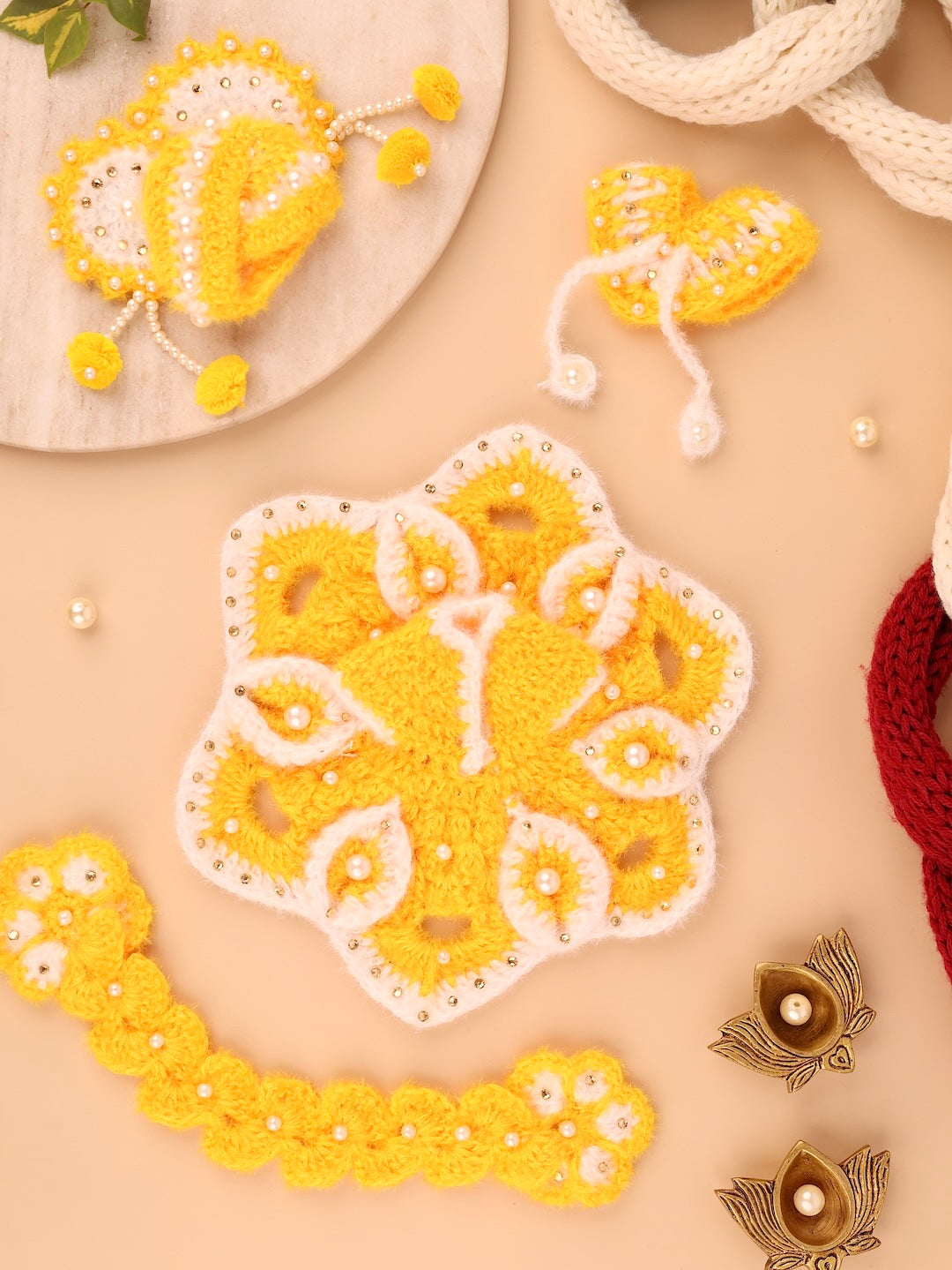Pitambari Yellow Wool Laddu Gopal Poshak 4 Pc Set - Devaya