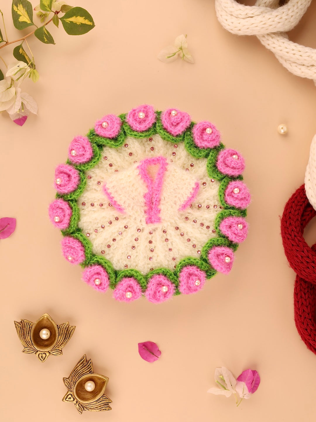 Gulabo Pink Wool Laddu Gopal Poshak 4 Pc Set - Devaya