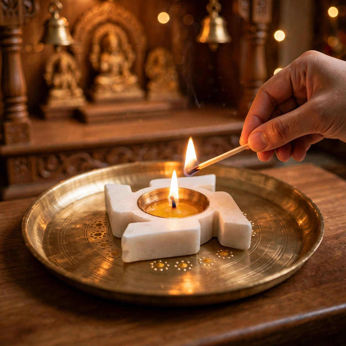Marble Swastik with Brass Diya