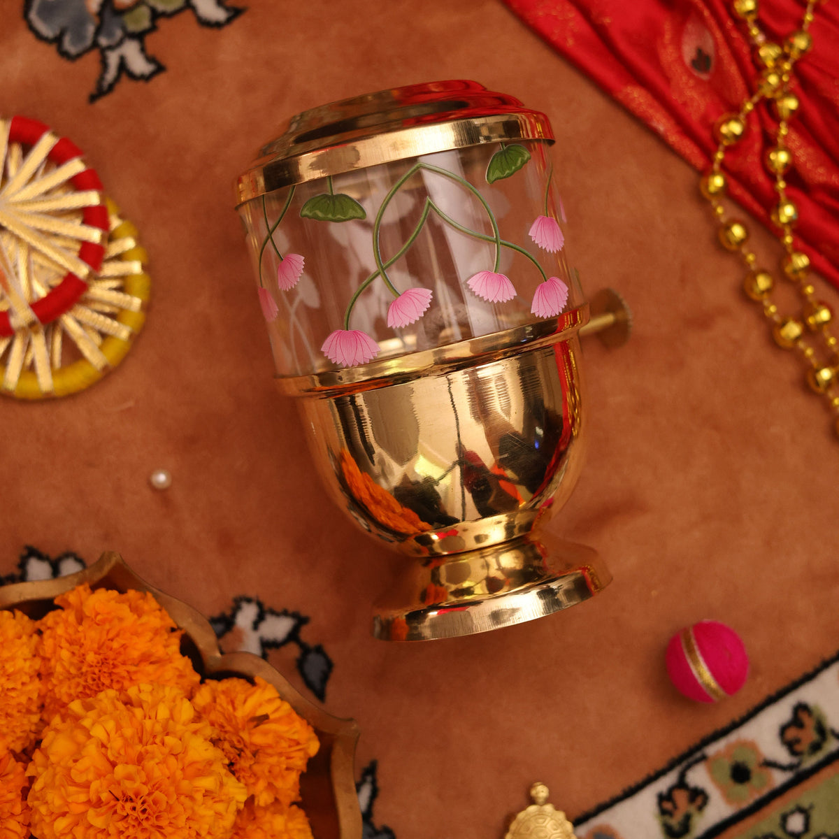 Pure Brass Akhand Jyot Diya with Pichwai Print
