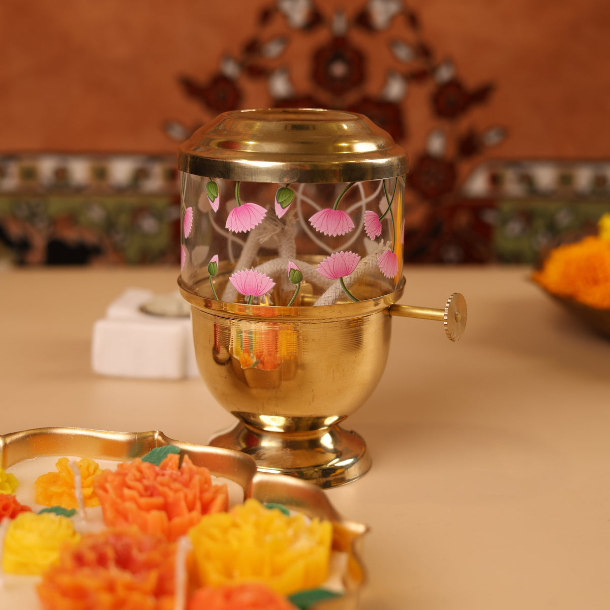 Pure Brass Akhand Jyot Diya with Pichwai Print