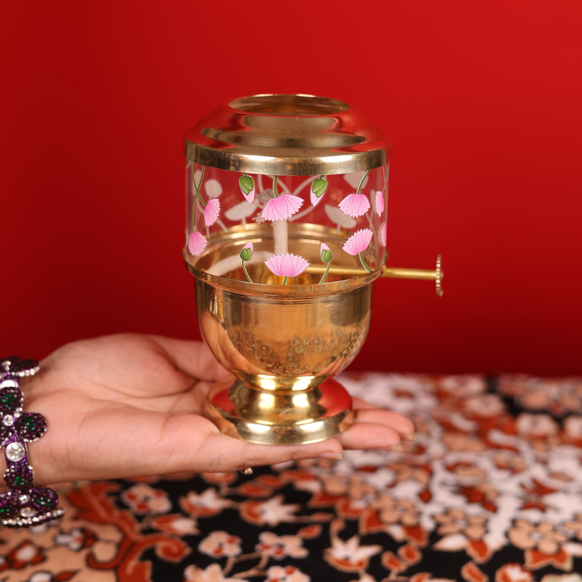 Pure Brass Akhand Jyot Diya with Pichwai Print
