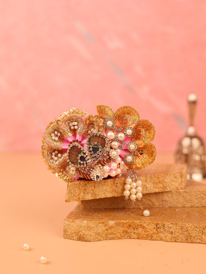 Golden Pink Morpankh Pagdi - 3 & 4 No. Laddu Gopal