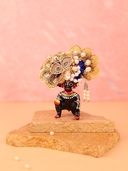 Golden Blue Morpankh Pagdi - 3 & 4 No. Laddu Gopal