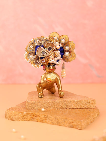 Golden Blue Morpankh Pagdi - 3 & 4 No. Laddu Gopal