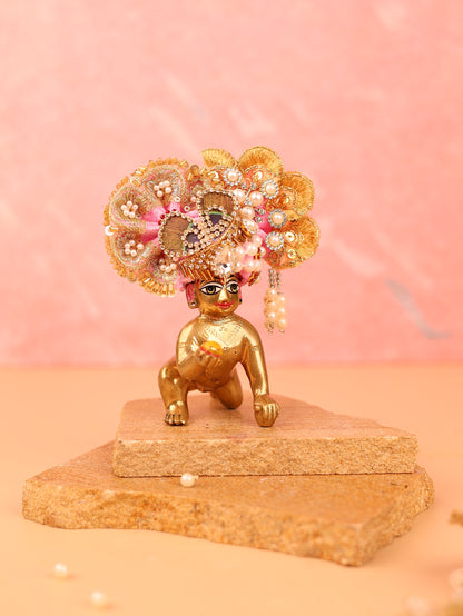 Golden Pink Morpankh Pagdi - 3 & 4 No. Laddu Gopal