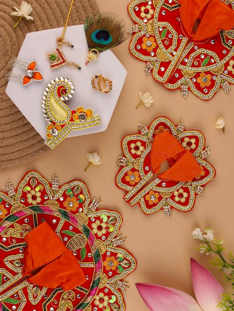 Madhur Leela Orange Laddu Gopal Poshak & Shringar Set